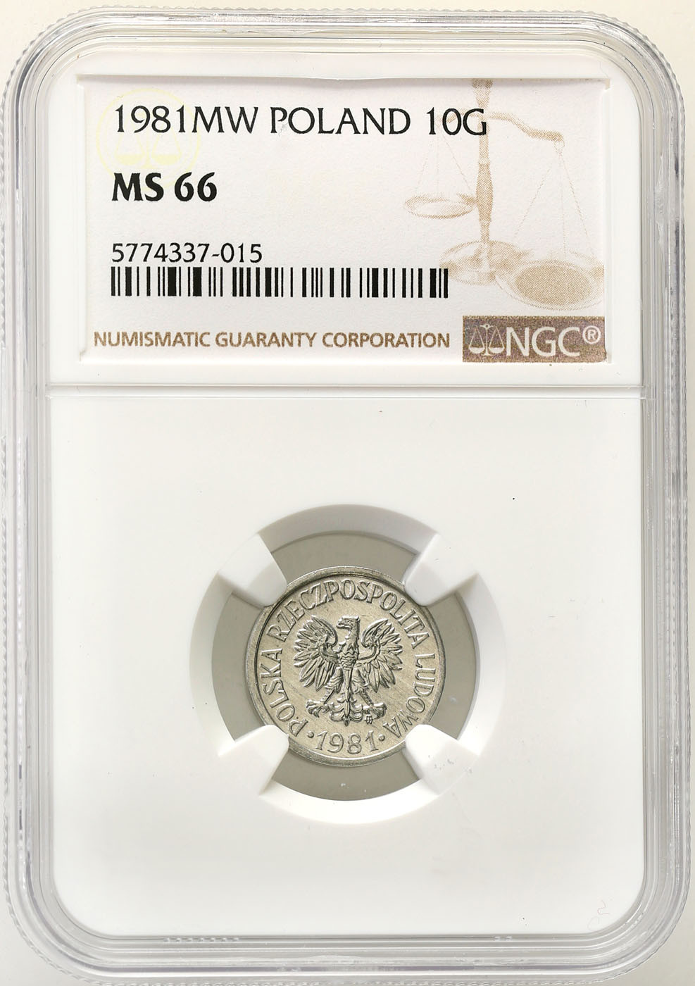 PRL. 10 groszy 1981 aluminium NGC MS66